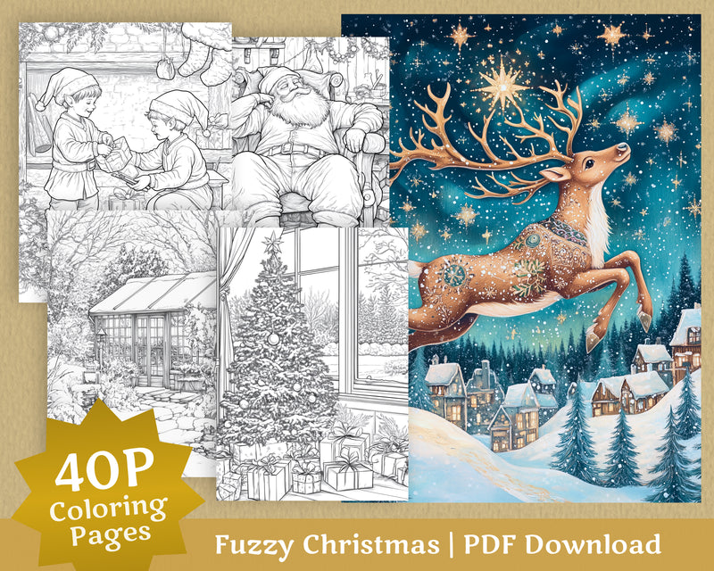 Magical Fuzzy Christmas: 40 Grayscale Winter Reindeer Santa Claus Coloring Pages for Adults PDF Download Colorverse