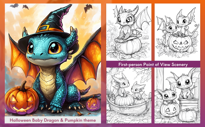 Halloween Dragon Coloring Pages Printable for Adults, Pumpkin Themed Uranuxky studio