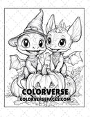 2 Halloween dragons standing on pumpkins happily waiting to play with you coloring pages printable for adults cute dragons