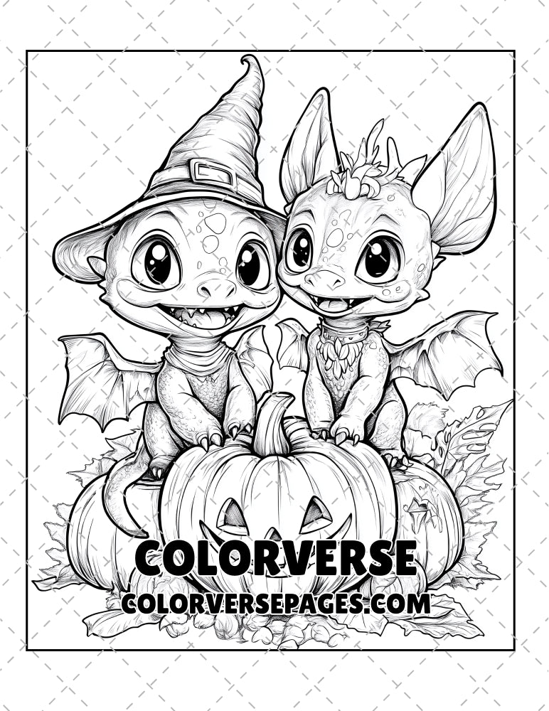 2 Halloween dragons standing on pumpkins happily waiting to play with you coloring pages printable for adults cute dragons